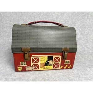 Vintage 1950s American Thermos Brand Red Barn Metal Dome Lunchbox Rustic Patina